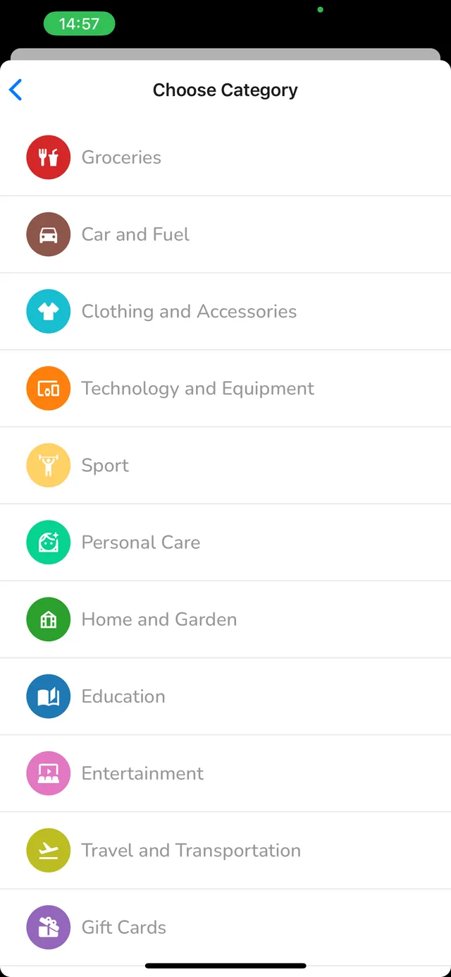CardBro categories screen